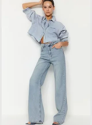 Blue Pale Effect Vintage High Waist Wide Leg Jeans TWOSS24JE00022
