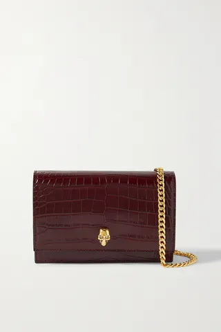 Alexander McQueen - Skull Mini Embellished Croc-effect Leather Shoulder Bag - Burgundy
