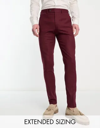 ASOS DESIGN skinny linen mix suit pants in burgundy