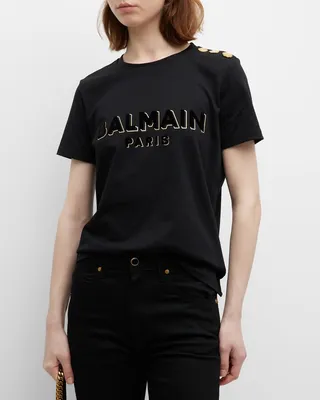 Metallic Flock Logo T-Shirt with Button Detail