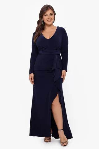 Long Sleeve Stretch Knit V-Neck Cascade Slit