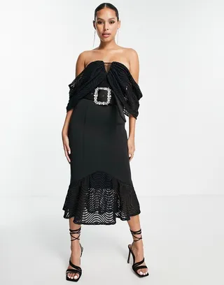 ASOS DESIGN bardot wiggle lace midi dress in black
