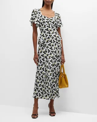 Aurora Floral-Print Flutter-Sleeve Midi Dress