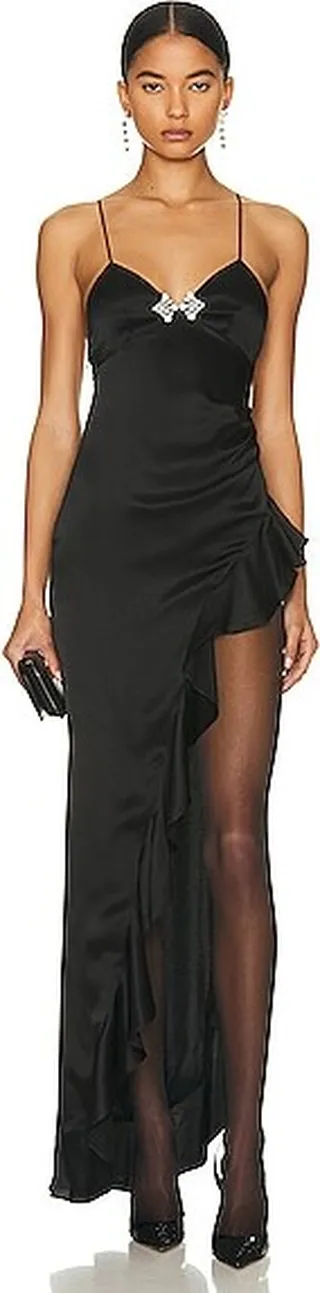 Alessandra Rich Silk Satin Slip Dress With Crystal Embellishment in Black