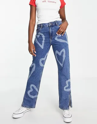 Miss Selfridge heart print relaxed leg jean in dark wash