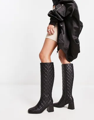 Monki knee high quilted heeled boot in black