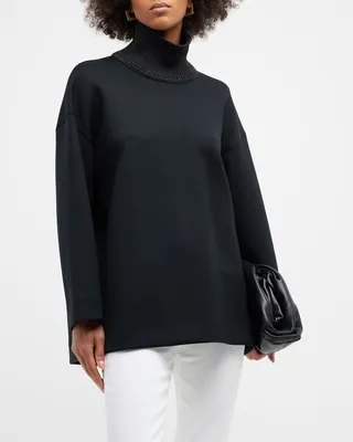 Mixed Media Drop-Shoulder Turtleneck Top