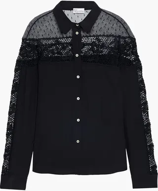 Point d'esprit and lace-paneled silk crepe de chine shirt