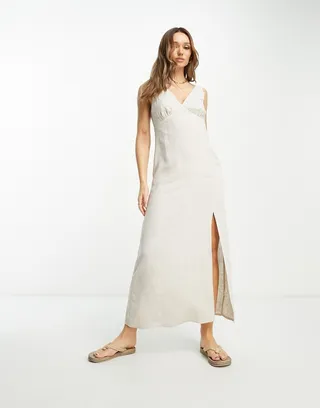 ASOS DESIGN linen V-neck maxi slip sundress in natural