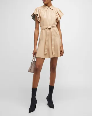McKell Vegan Leather Flutter-Sleeve Mini Dress