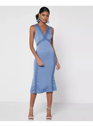 Little Mistress Blue Steel Satin Midi Dress