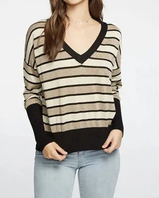 Long Sleeve Striped V-Neck Sweater in Black & Gold Stripe