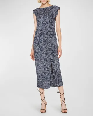 Monochrome Paisley Printed Midi Dress with Ruffle