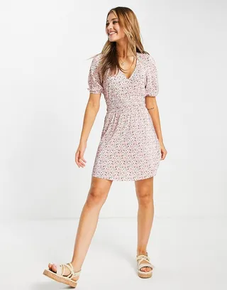 ASOS DESIGN shirred waist mini plisse dress in pink ditsy floral
