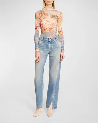 Turtleneck Sky-Print Tulle Top