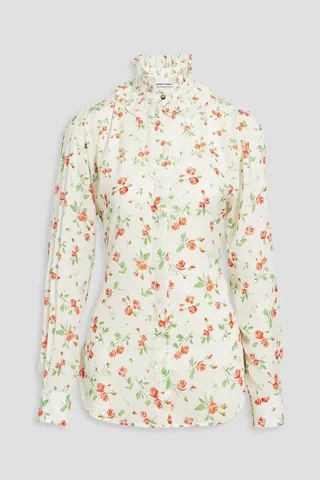 Ruffle-trimmed floral-print crepe de chine blouse