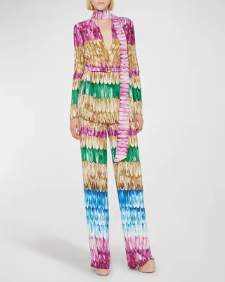 Golden Wings-Print Belted Scarf-Neck Blouse