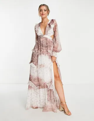 ASOS DESIGN tiered maxi dress with lattice back detail in blush patchwork print