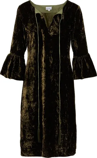 At Last... - Silk Velvet Belle Tassel Dress In Olive Green