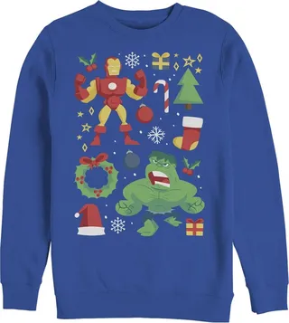 Men's Marvel Christmas Iron Man & Hulk Cheer Sweatshirt - Royal Blue - Large