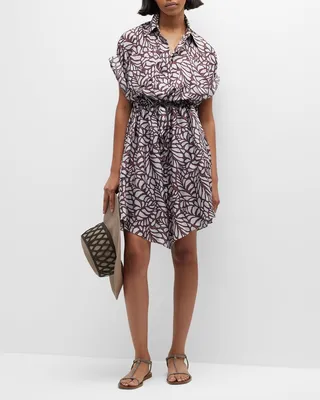 Silk Botanical Leaf Print Shirtdress with Drawstring Waist