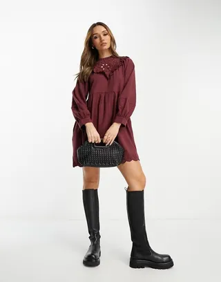 Madewell embroidered yoke mini dress in vintage mulberry