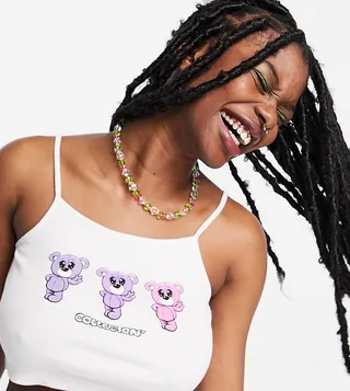 COLLUSION bear print ribbed cami in white