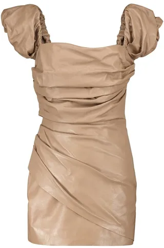 Off-shoulder leather minidress