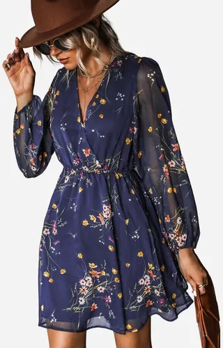 Women's Long Peasant Sleeve Chiffon A-Line Mini Dress - Cupshe-M-Blue