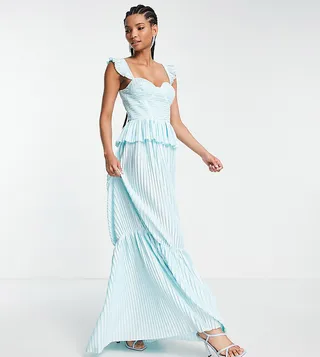 ASOS DESIGN Tall corset detail pleated tiered maxi dress in dusty blue