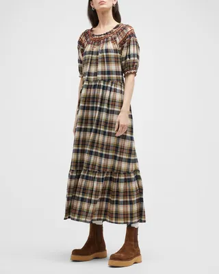 The Sea Glass Plaid Embroidered A-Line Dress