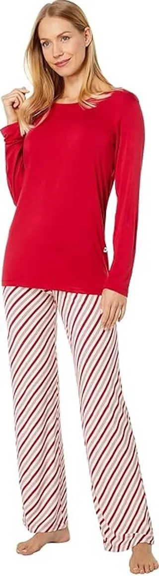 Kickee Pants Long Sleeve Loosey Goosey Tee Pants PJ Set (Crimson Candy Cane Stripe) Women's Pajama Sets