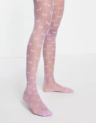Skinnydip sheer lilac tights with butterfly print
