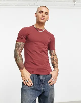 ASOS DESIGN muscle t-shirt with crew neck in dark red