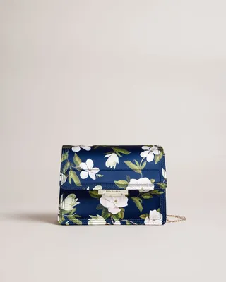 Floral Print Satin Crossbody Bag in Dark Blue