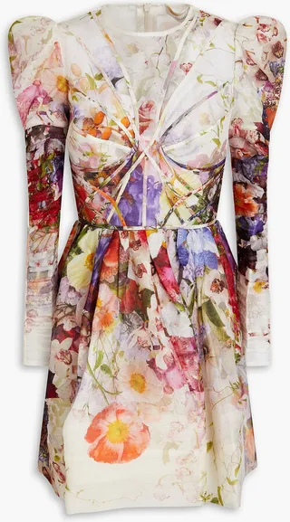 Gathered floral-print linen and silk-blend mini dress