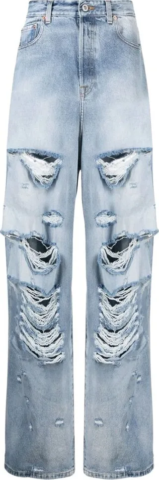 Blue Distressed Wide-Leg Jeans