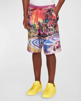 Men's Hawaiian-Print Silk Shorts