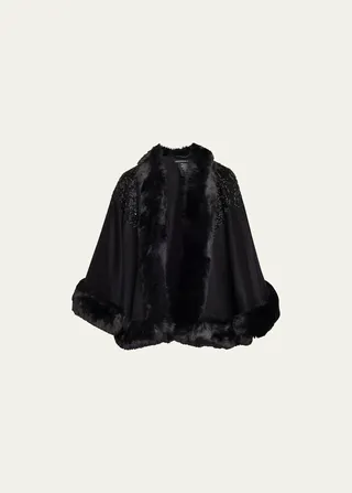 Embellished Cashmere & Faux Fur Swing Cape