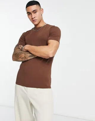 ASOS DESIGN muscle T-shirt with crew neck in brown
