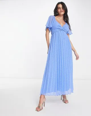 ASOS DESIGN tie front angel sleeve textured midi dress in cornflower blue