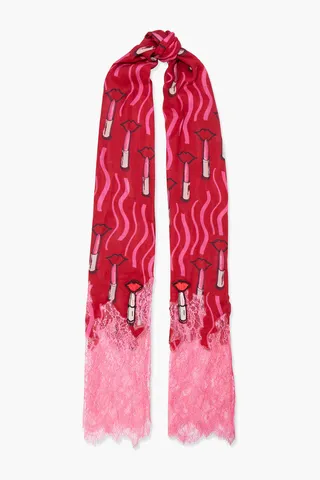 Lace-paneled appliquéd printed modal and cashmere-blend scarf