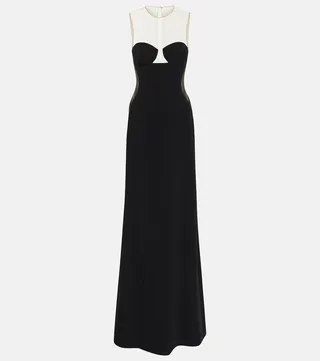 Mesh-paneled crepe gown
