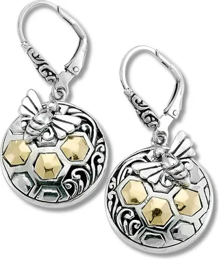 18K Gold & Sterling Silver Honeycomb Bee Earrings