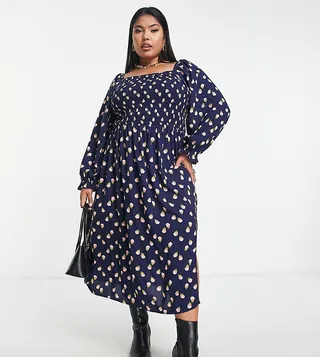 Simply Be shirred square neck midi floral dress with side split in navy