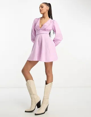 Miss Selfridge linen look lace trim mini tea dress in lilac