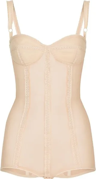 Neutral Lace-Trim Semi-Sheer Bodysuit