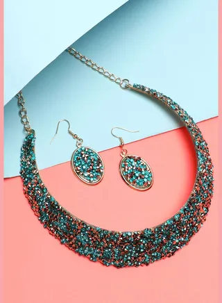 Gold Plated Designer Stone Party Necklace and Earring Set For Women