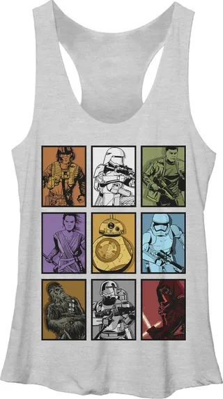 Women's Star Wars The Force Awakens Rey and BB-8 Character Boxes Racerback Tank Top - White Heather - Medium