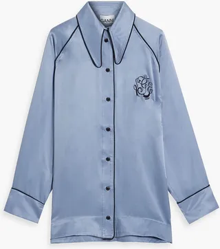 Embroidered modal and silk-blend satin pajama top